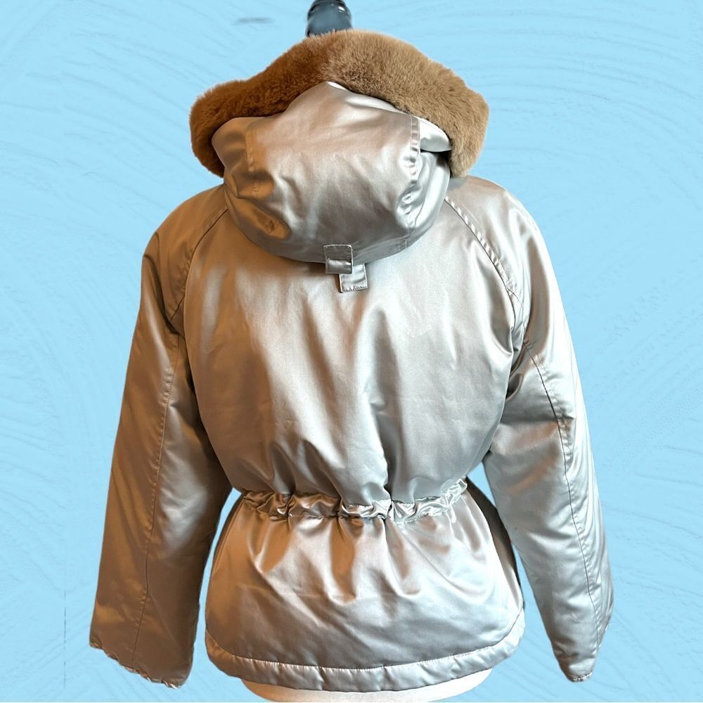 Max Mara Weekend silver winter jacket cinched waist rabbit fur hood. - Picture 4 of 12